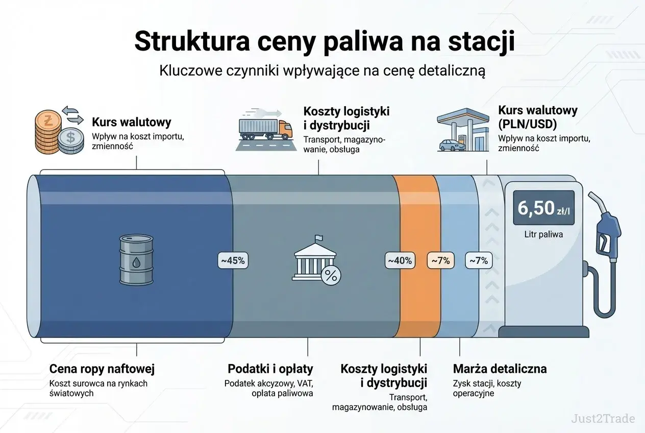 Struktura ceny paliwa: ropa (45%), podatki (40%), logistyka (7%), marża (7%). Kurs walutowy wpływa na koszt importu.