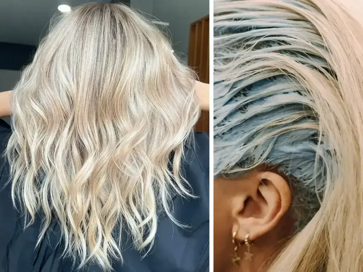 Efektowne farbowanie włosów na platynowy blond. Po lewej piękny, rozświetlony kolor, po prawej widać proces aplikacji farby.
