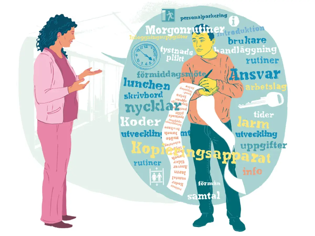 En man skriver en lång lista med ord som "ansvar", "rutiner" och "uppgifter". Kvinnan bredvid verkar förklara nackdelar med vikariat.