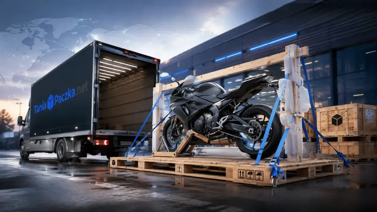 Czarny motocykl na palecie czeka na wysyłkę kurierem. Ciężarówka z logo Tania Paczka.net gotowa do odbioru.