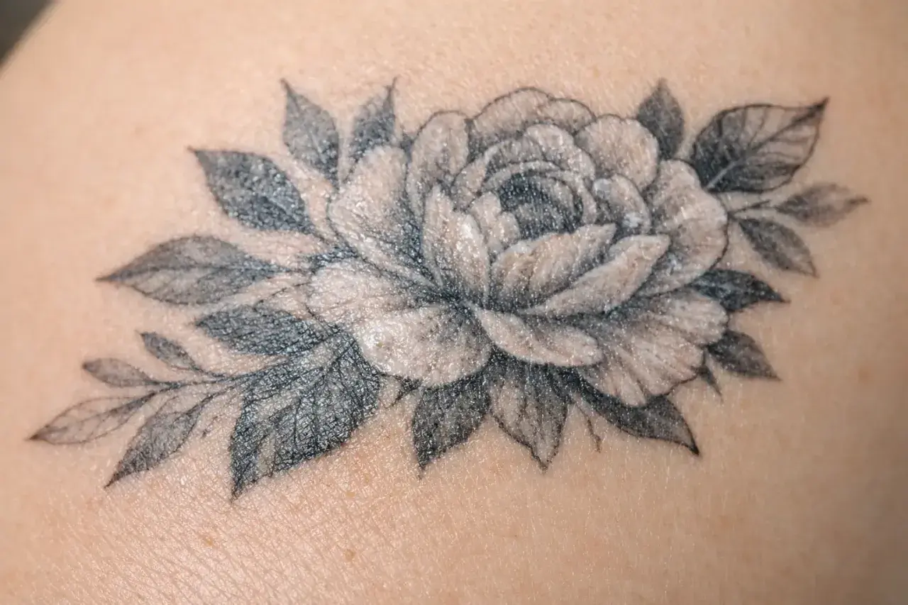 Un magnifique tatouage de pivoine et de feuilles, délicatement dessiné sur la peau.