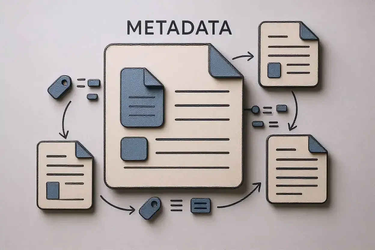 Diagrama ilustra cómo los metadatos de un documento se conectan y organizan.