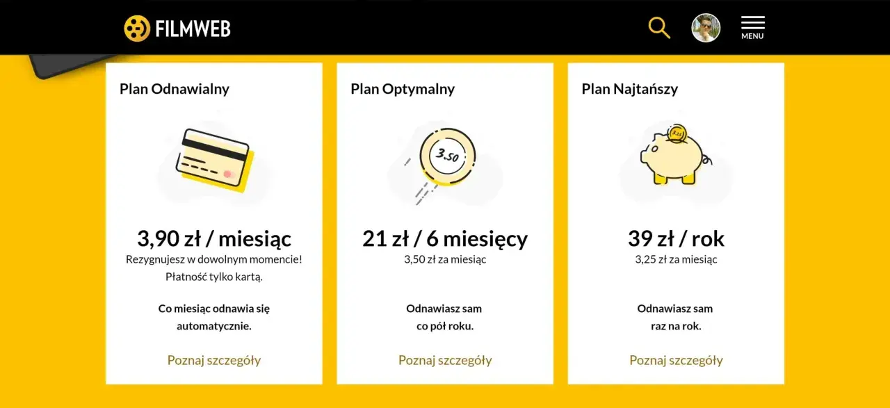 Czy Filmweb jest płatny? Tak, oferuje plany subskrypcji: miesięczny (3,90 zł), półroczny (21 zł) i roczny (39 zł).