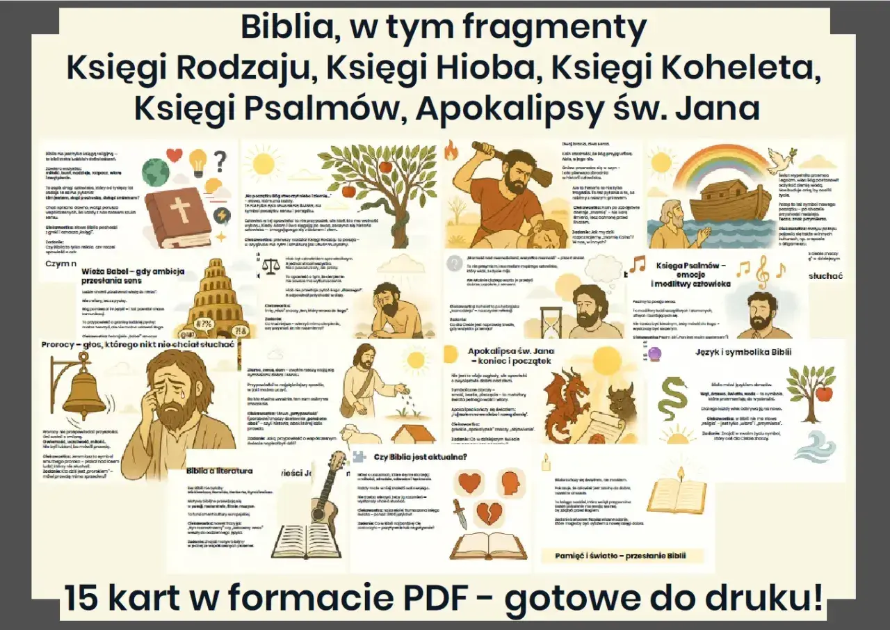 Ilustracje biblijne, w tym Księga Psalmów, przedstawiają historie i przesłania z Pisma Świętego.