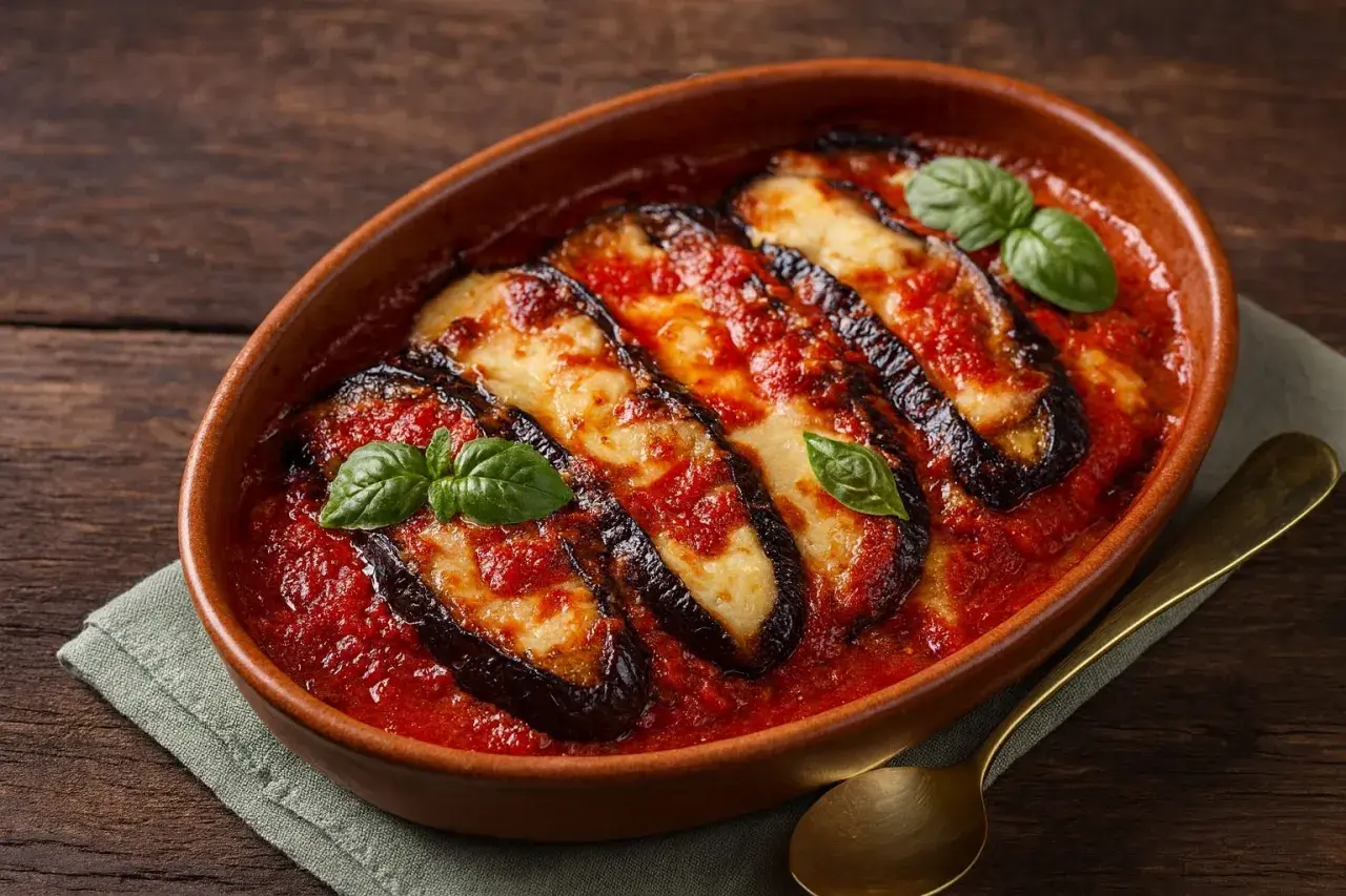 Herzhaftes Parmigiana di Melanzane Rezept: Gebackene Auberginenscheiben mit Tomatensauce und Käse, garniert mit Basilikum.