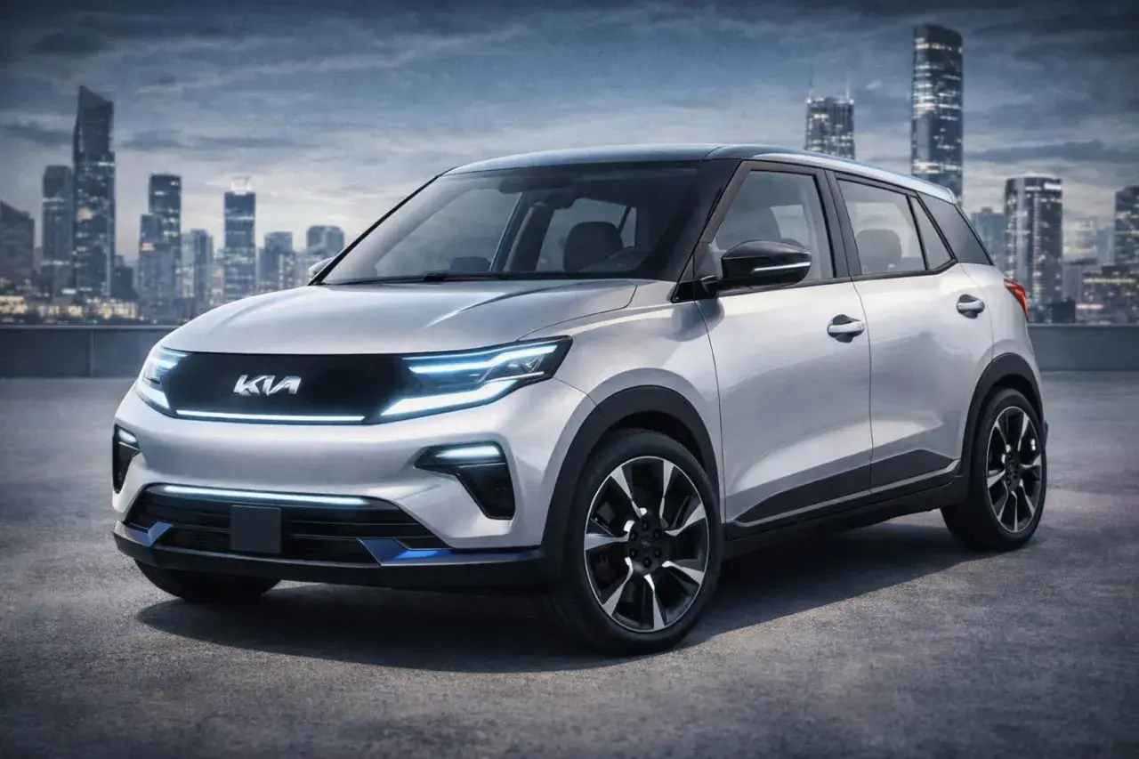 La Kia EV1, un'auto elettrica dal design futuristico, si staglia contro uno skyline urbano al tramonto.
