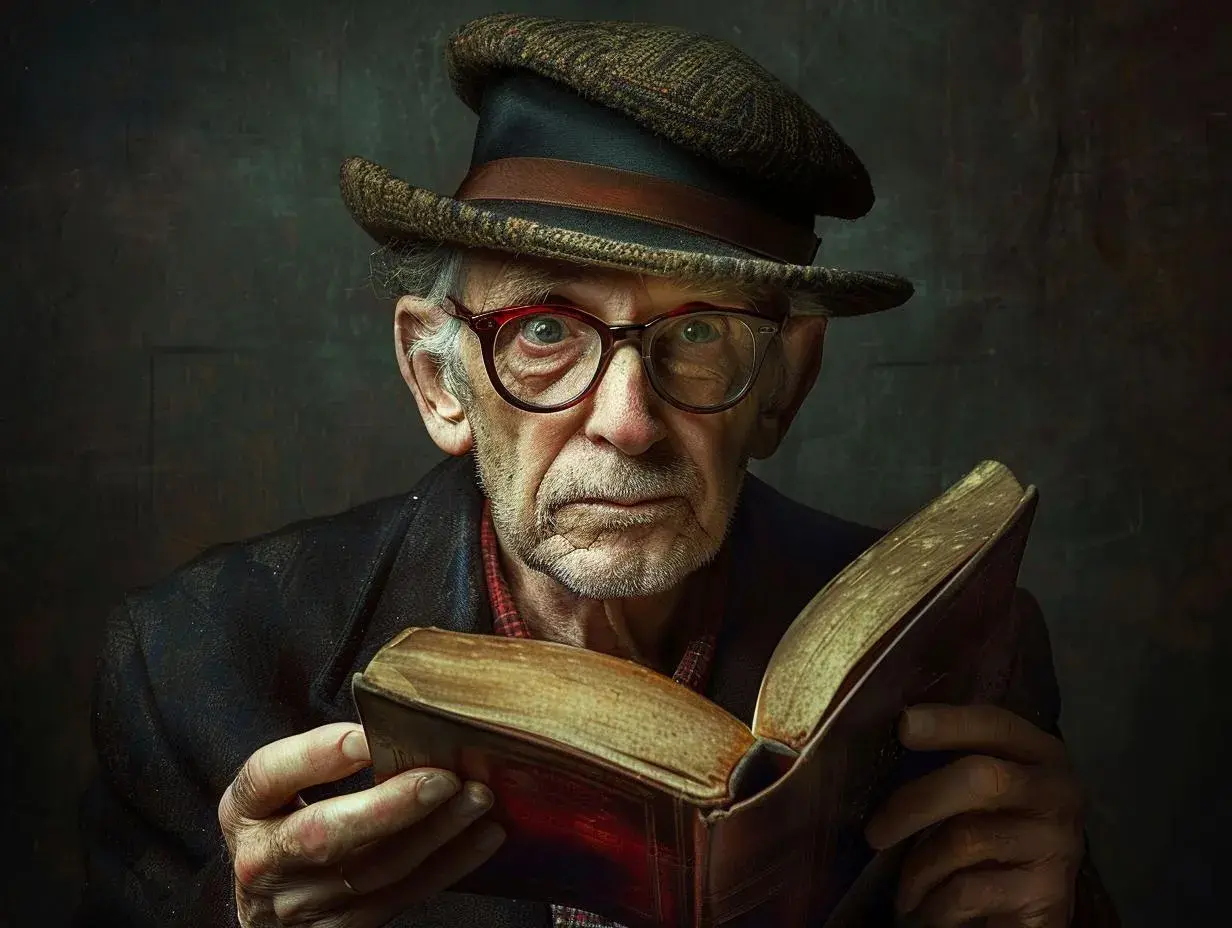 Starszy mężczyzna w okularach i kapeluszu czyta starą księgę. Czy postać może być metaforą całego społeczeństwa w literaturze pięknej?