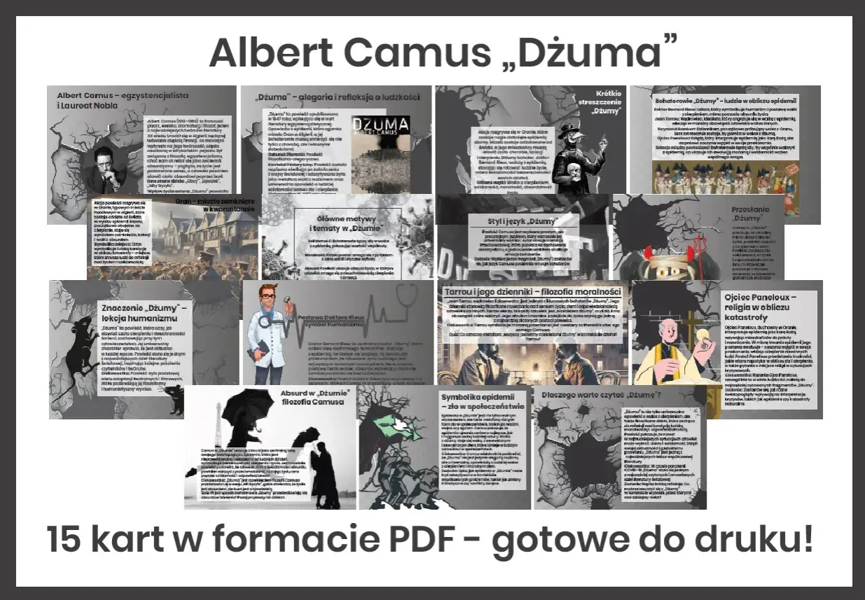 Kolaż grafik i fragmentów tekstu z analizą "Dżumy" Alberta Camusa.