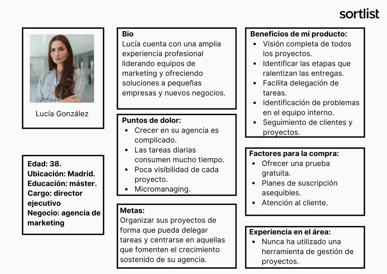 Lucía, 38, directora ejecutiva de agencia de marketing, es un ejemplo de buyer persona. Sus metas y puntos de dolor guían la estrategia.