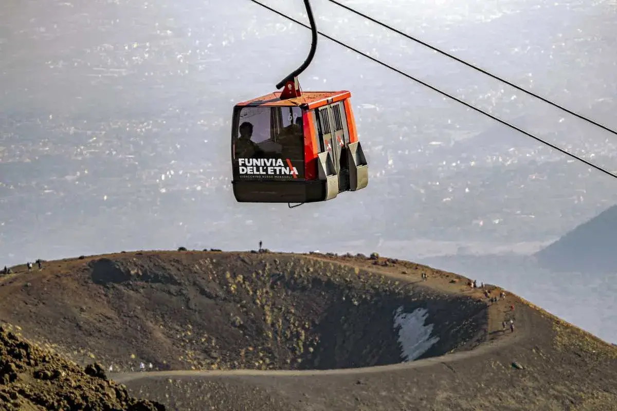 Funivia dell'Etna in movimento, un modo unico per visitare l'Etna e ammirare il paesaggio vulcanico.