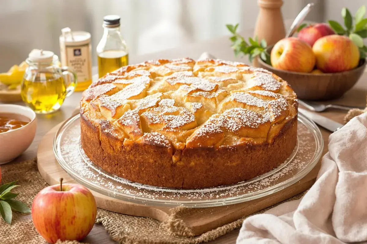Gâteau aux pommes saupoudré de sucre glace. Une alternative légère pour remplacer 100 g de beurre par compote.