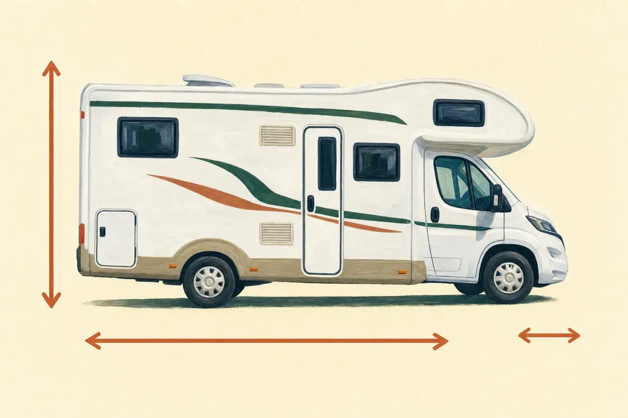 Illustration d'un camping-car blanc avec des bandes vertes et orange. Des flèches indiquent la hauteur et la largeur d'un camping car.