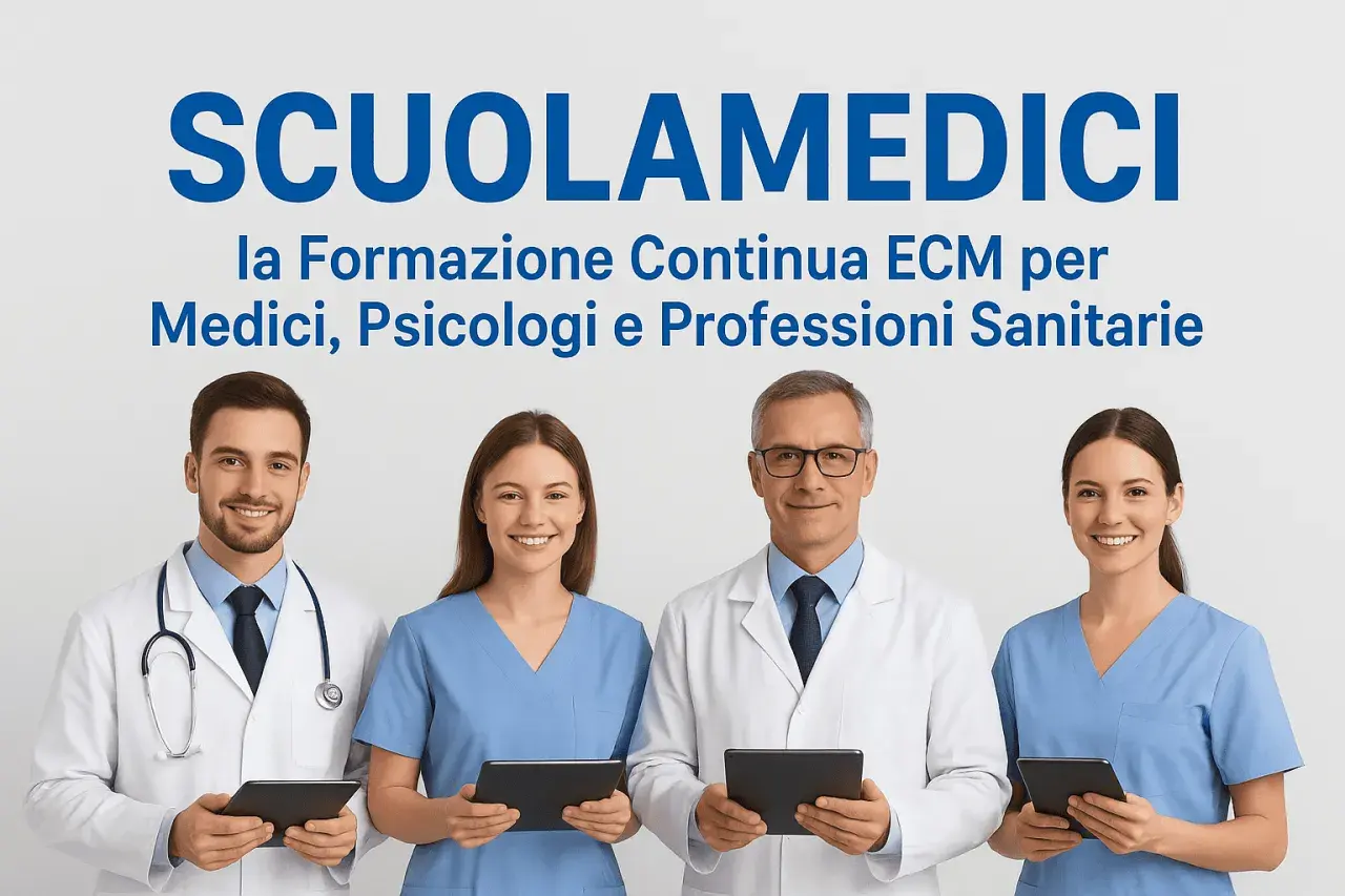 Quattro professionisti sanitari sorridono tenendo tablet. SCUOLAMEDICI offre formazione continua ECM, che significa aggiornamento per medici e psicologi accreditati.