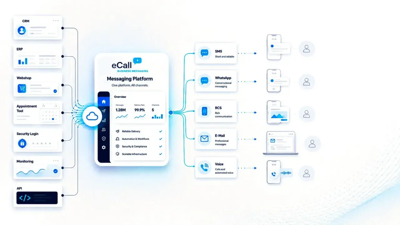 Die eCall Messaging Plattform integriert verschiedene Kanäle wie SMS, WhatsApp, RCS, E-Mail und Voice. Das Lieferavis ist hierbei ein wichtiger Bestandteil für die Zustellungsrate.