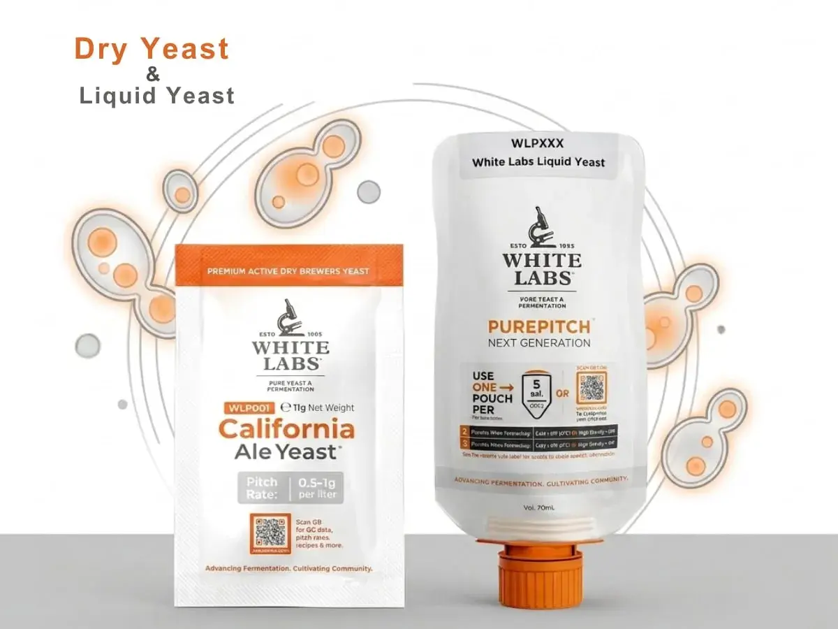 Levure sèche et liquide White Labs. Une pochette de levure sèche California Ale Yeast et une bouteille de levure liquide PurePitch.