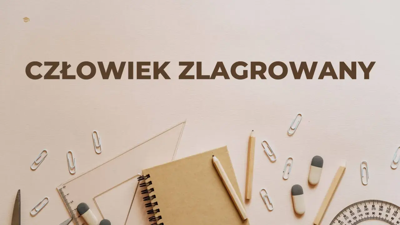 Człowiek zlagrowany, ofiara systemu, otoczony przyborami szkolnymi.