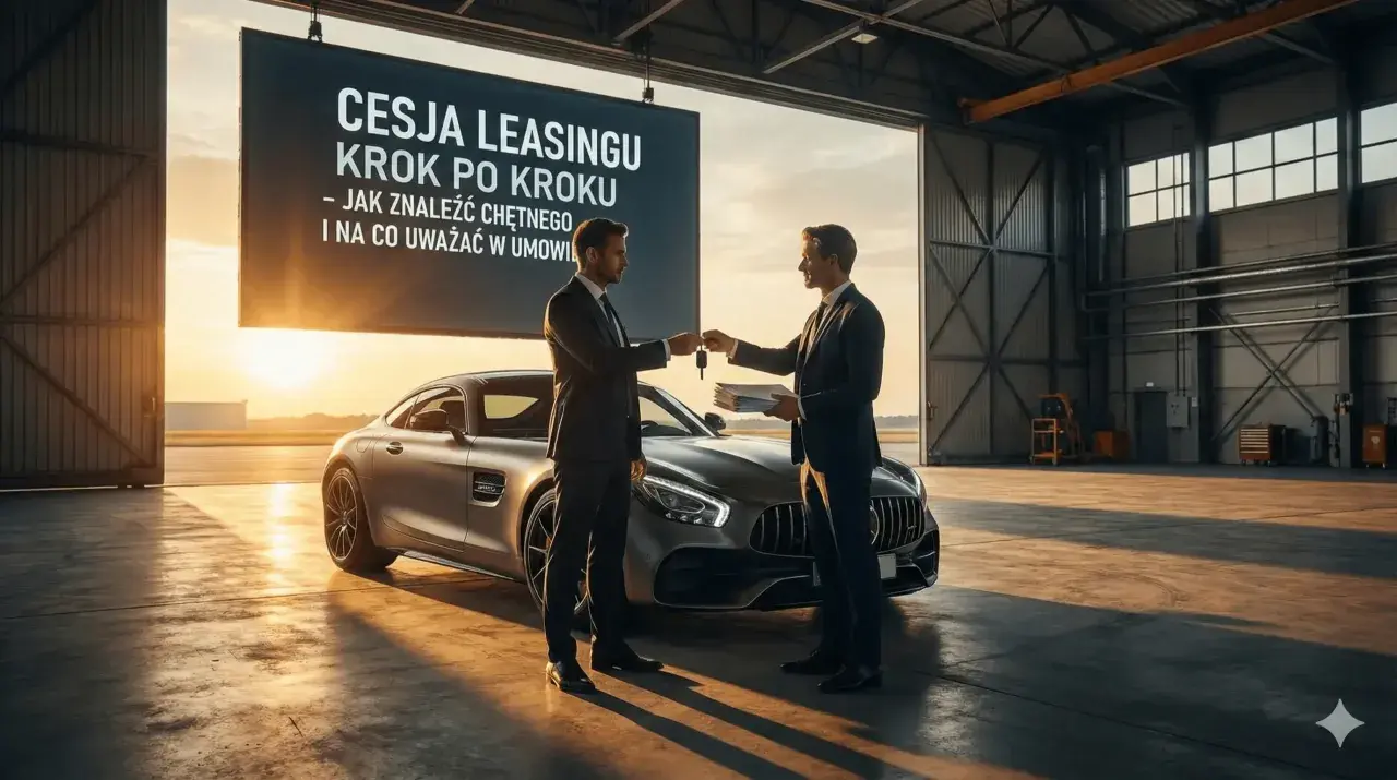 Dwóch mężczyzn w garniturach przekazuje sobie kluczyki od luksusowego auta. Na ekranie widnieje napis "Cesja leasingu krok po kroku".