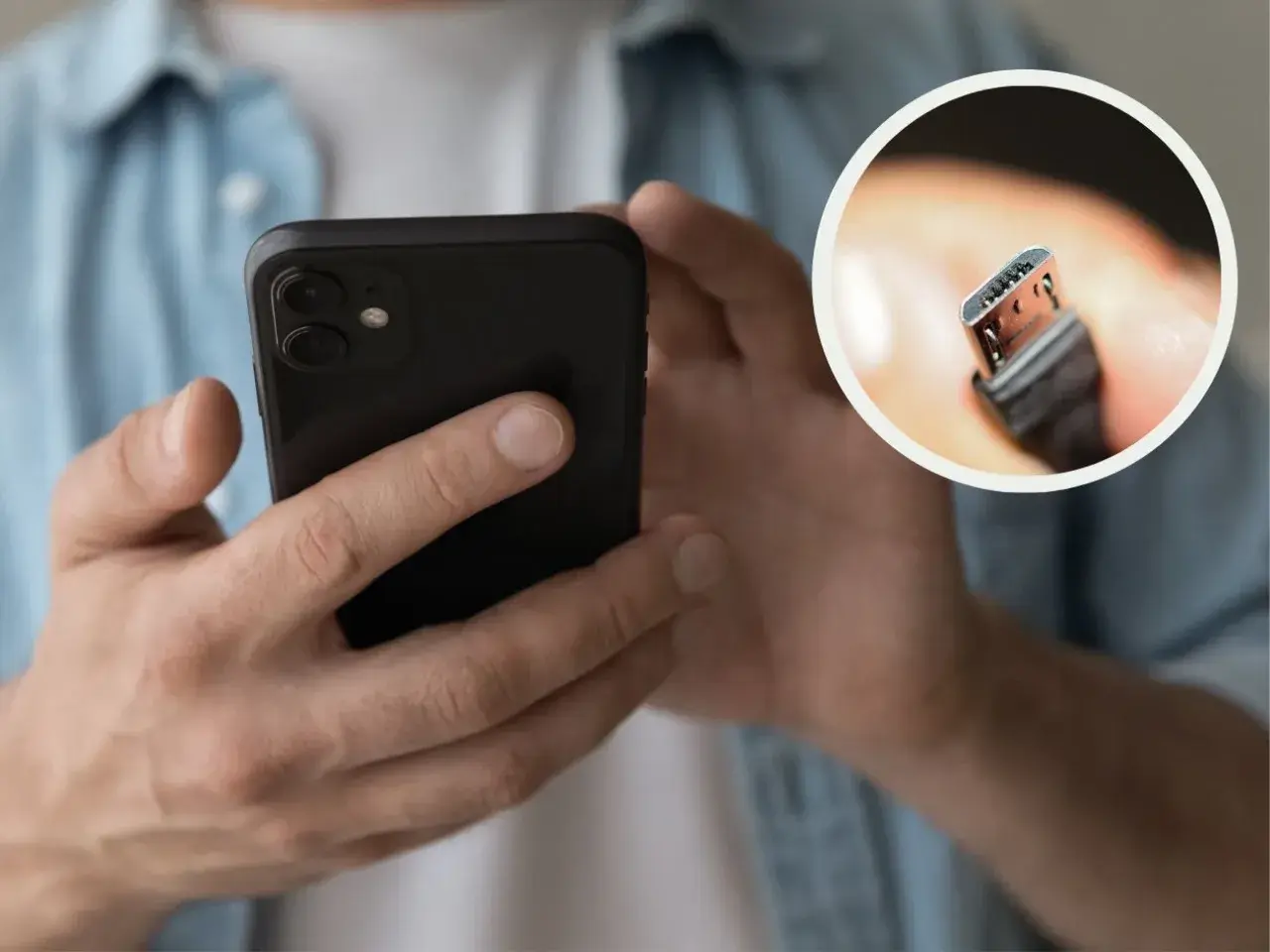 Dłonie trzymają czarny smartfon. W okręgu zbliżenie na wtyczkę USB-C, która pokazuje, jak ładować nowy telefon.