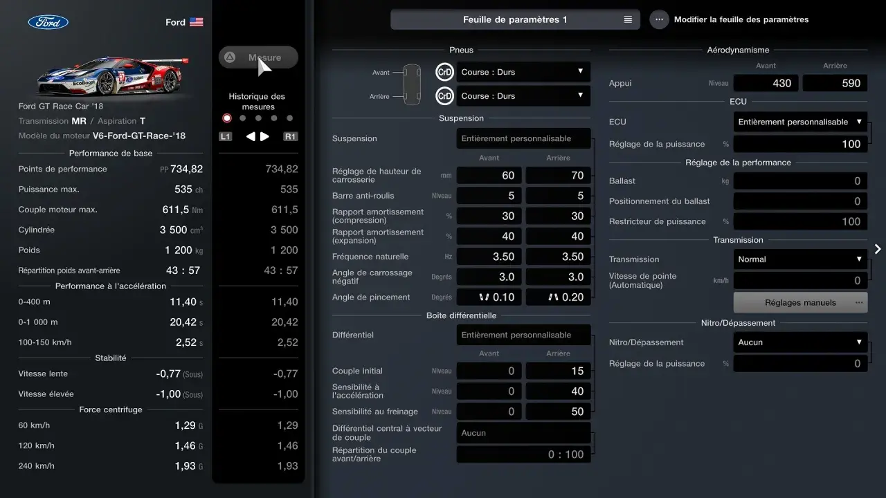 Paramètres de la Ford GT Race Car '18 dans Gran Turismo 7 : réglages suspension, pneus, aérodynamisme et ECU.
