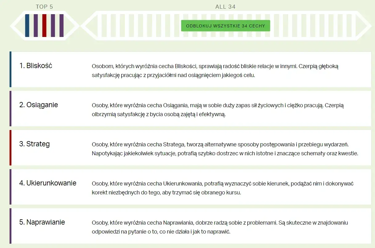 Analiza cech osobowości: Bliskość, Osiąganie, Strateg, Ukierunkowanie, Naprawianie. Poznaj swoje mocne i słabe strony firmy.