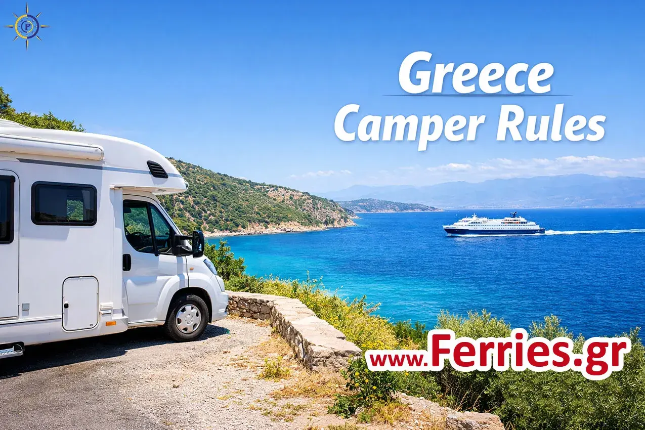 Un camping-car blanc stationné au bord d'une mer bleue éclatante, avec un ferry en arrière-plan. L'aventure de la Grèce en camping-car commence ici.