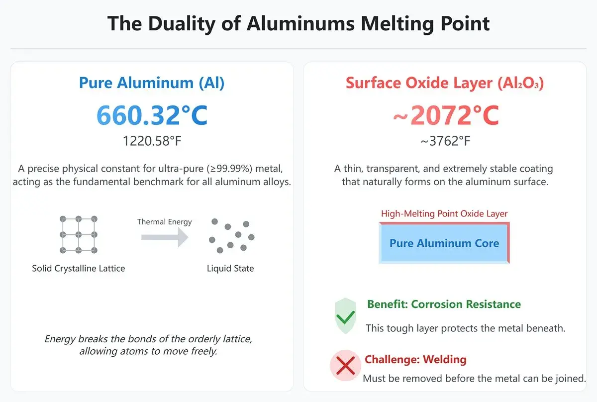 Porównanie temperatury topnienia aluminium (660°C) i jego warstwy tlenkowej (2072°C), która zapewnia odporność na korozję, ale utrudnia spawanie.