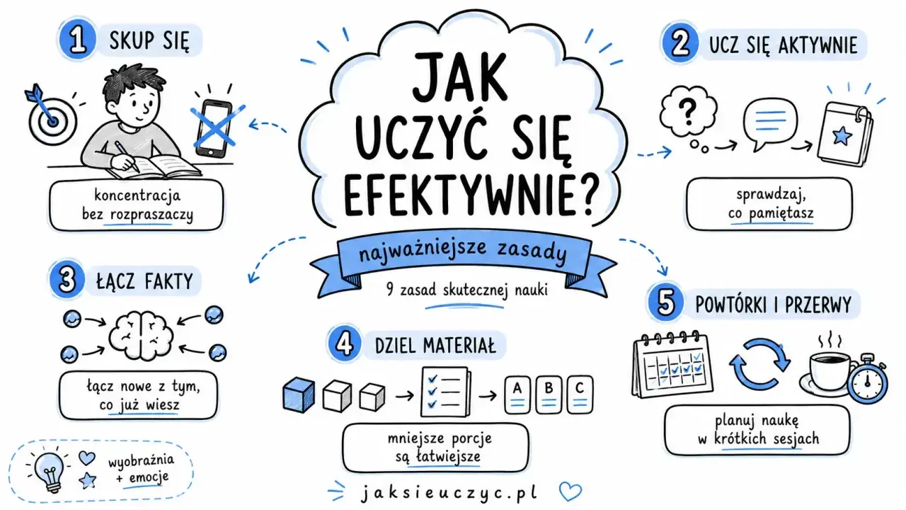 Grafika przedstawia 9 zasad skutecznej nauki. Skup się, ucz się aktywnie, łącz fakty, dziel materiał, rób powtórki i przerwy. To klucz do sukcesu, a nie frazeologizm!