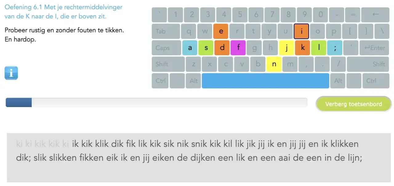 Nederlandse type test: oefening met de 'i' toets. Typ rustig en zonder fouten.