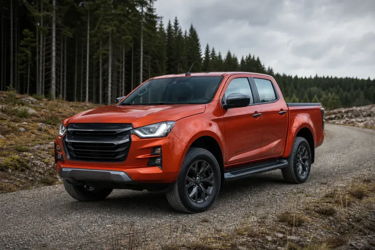 Orange pickup står på grusväg framför en tät granskog.