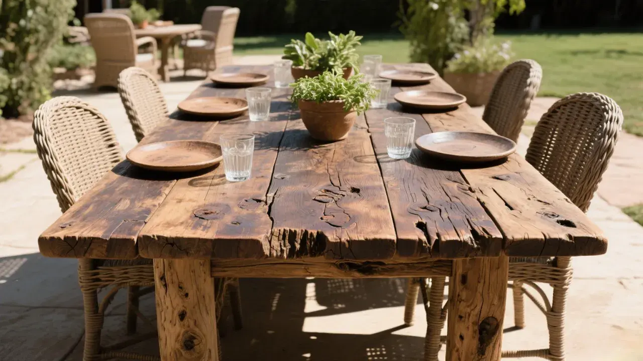 A rustic wood table with chairs set for a meal outdoors. The table's weathered planks and rough-hewn legs showcase what is rustic wood.