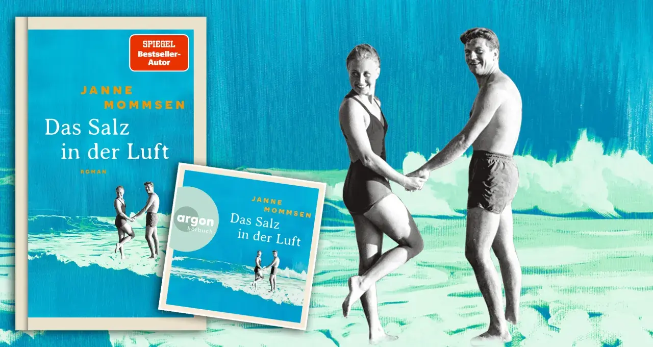 Janne Mommsen neues Buch "Das Salz in der Luft" mit einem retro-inspirierten Cover und einem Hörbuch-Cover. Ein glückliches Paar hält Händchen am Strand.