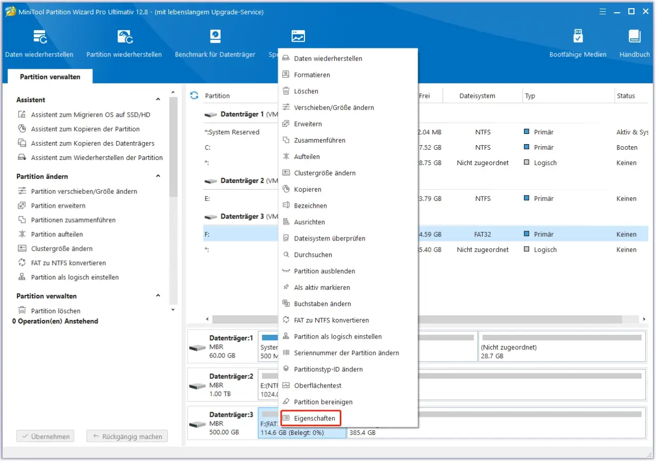 MiniTool Partition Wizard zeigt die Option "Eigenschaften" für eine FAT32-Partition unter Windows 11.