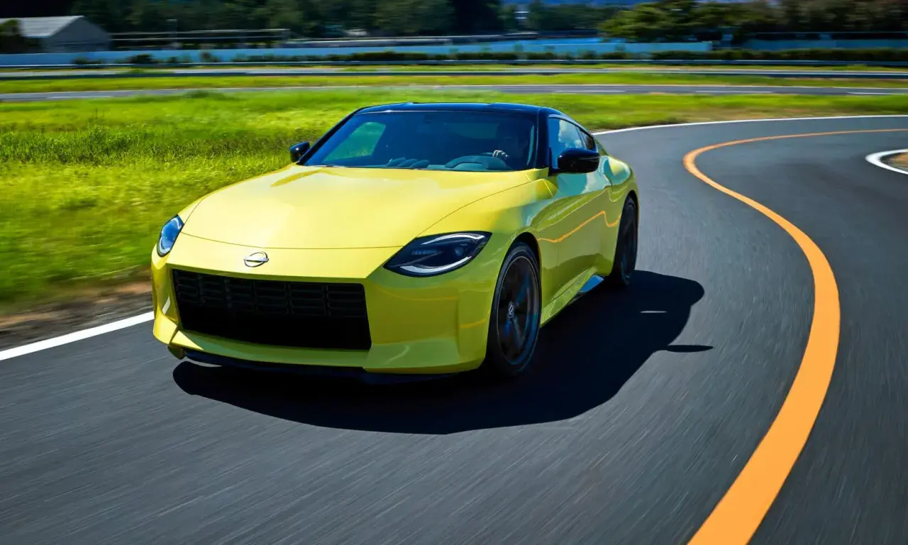 Gul Nissan 400Z kör på en kurvig bana med grönskande fält och träd i bakgrunden.