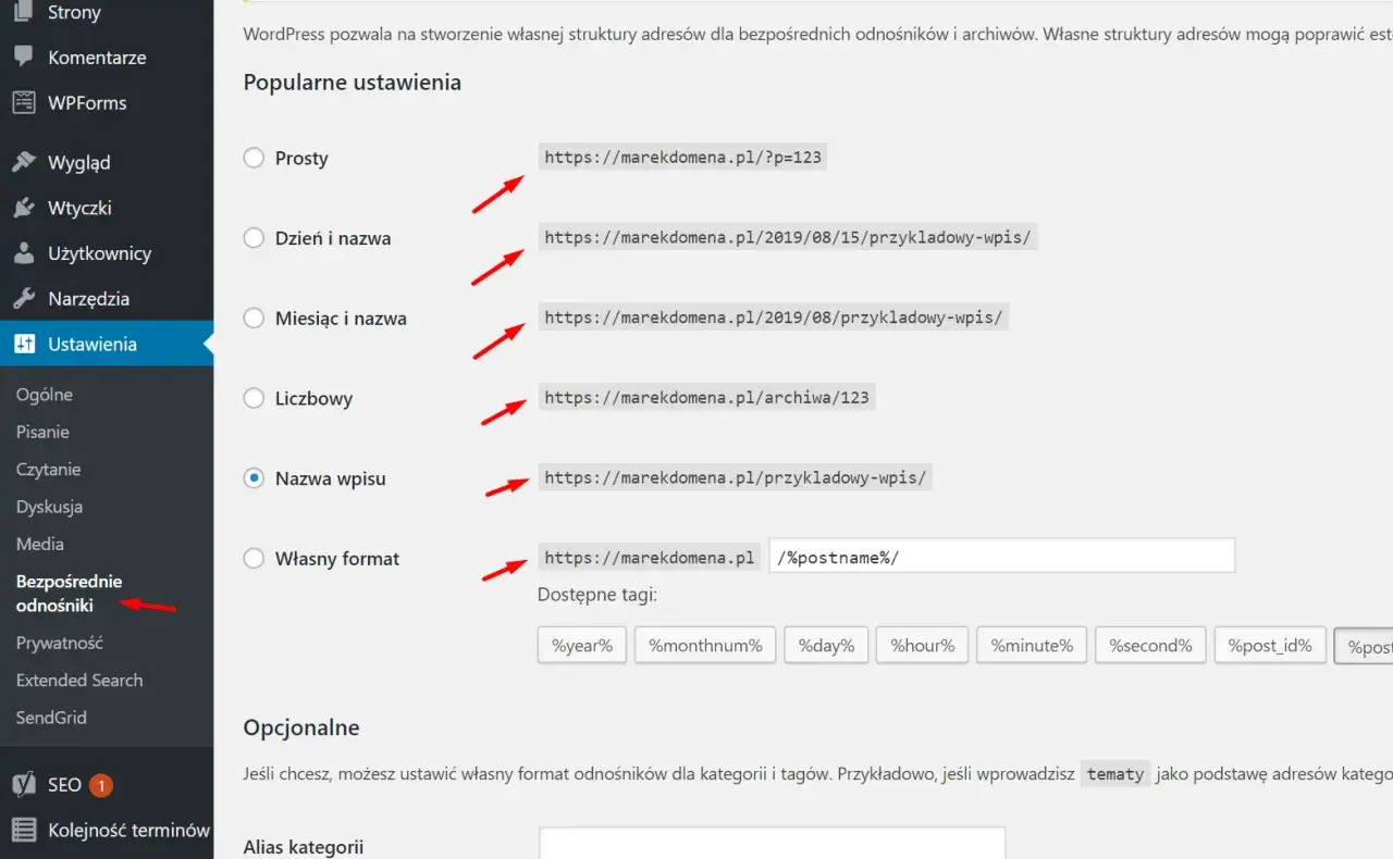 Ustawienia WordPress: wybór struktury adresów URL, np. nazwa wpisu. Zapewnia to lepszą widoczność w wyszukiwarkach, co jest kluczowe dla SEO i bezpieczeństwa strony z certyfikatem wordpress ssl.