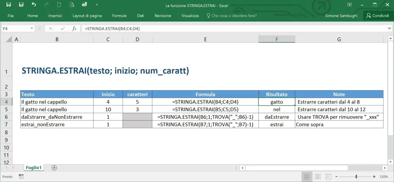 Foglio Excel che mostra come estrai una lettera da una stringa usando la funzione STRINGA.ESTRAI.