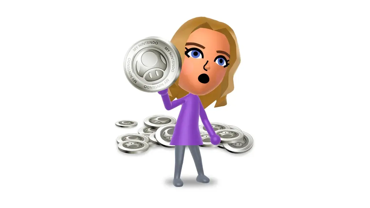 Mii con una moneta di punti platino Nintendo in mano, circondato da altre monete.
