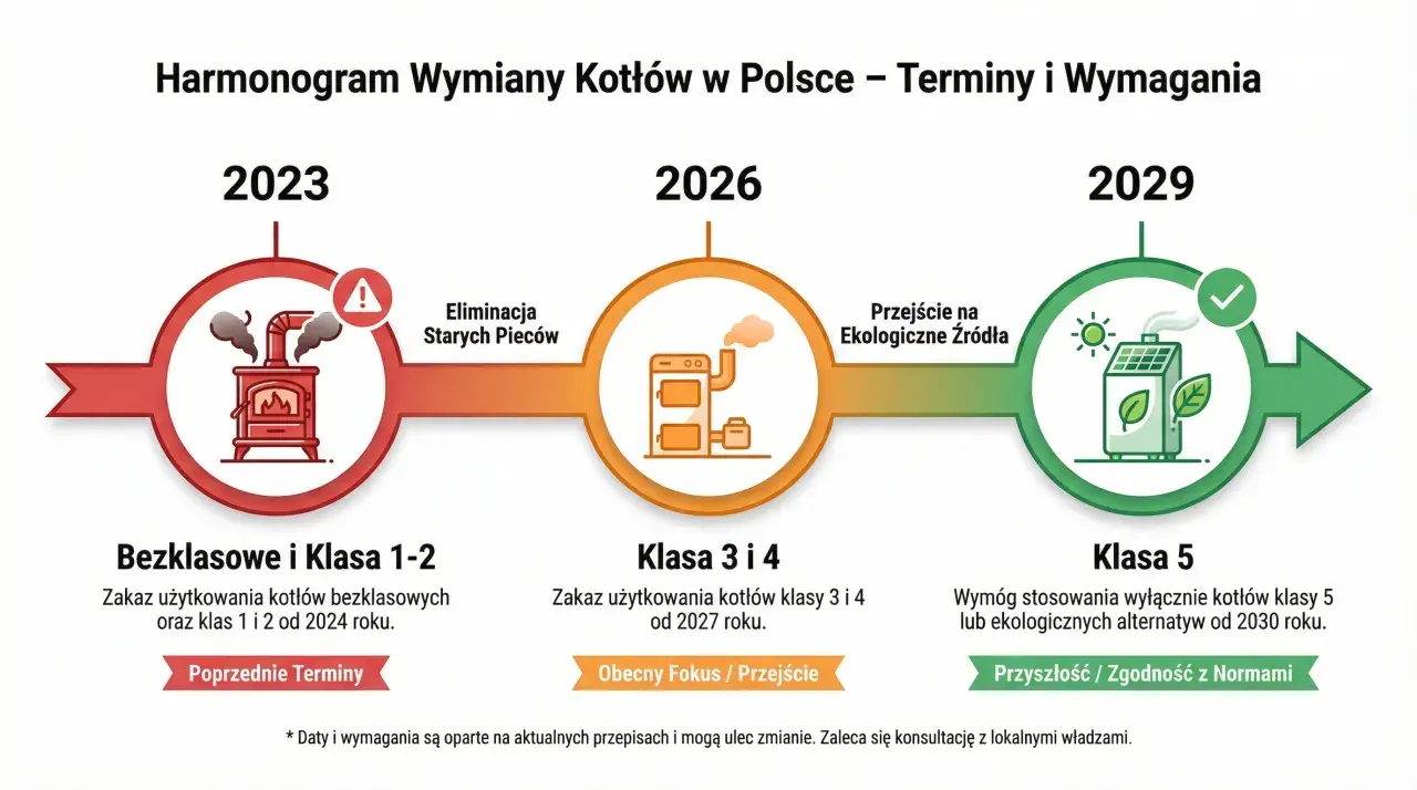 Harmonogram wymiany kotłów: w 2023 r. zakaz użytkowania kotłów bezklasowych i klasy 1-2, w 2026 r. klasy 3 i 4, a od 2030 r. tylko klasy 5.