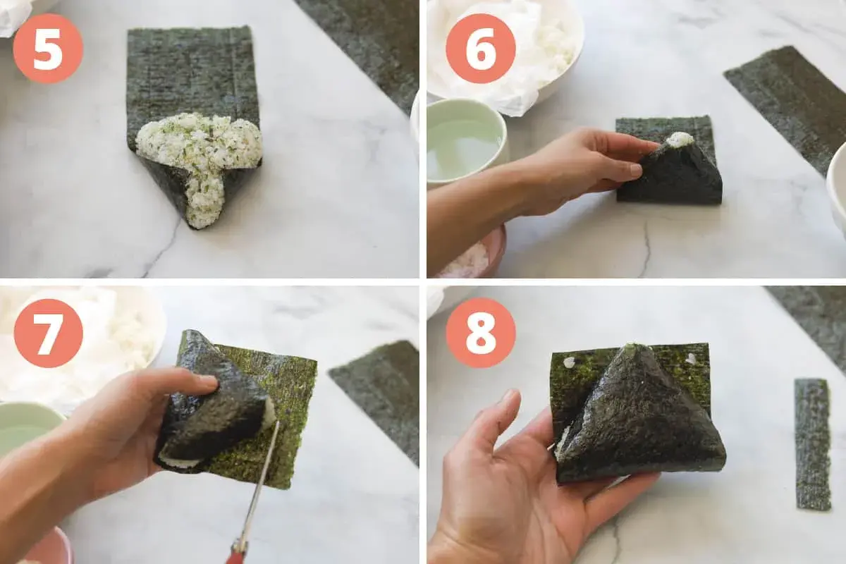 Seaweed is used to wrap rice for onigiri. The image shows steps 5-8 of making onigiri, with rice being shaped and wrapped in nori seaweed.