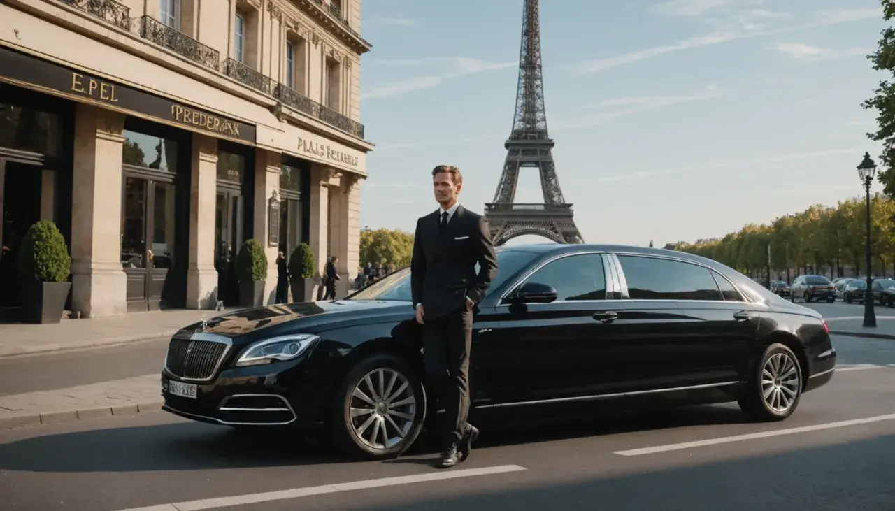 Un homme en costume attend devant une berline noire, prêt pour son transport pour Orly. La Tour Eiffel se dresse en arrière-plan.