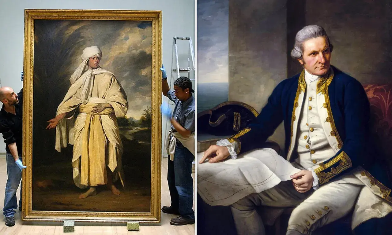 A portrait of Omai, a Tahitian prince, is shown being handled by museum staff. Beside it, a portrait of Captain Cook in naval uniform.