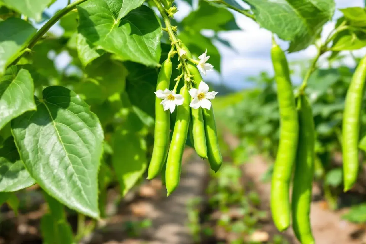 Des haricots verts charnus et sans fils, prêts à être cueillis, avec de délicates fleurs blanches. Un régal pour les yeux et les papilles.