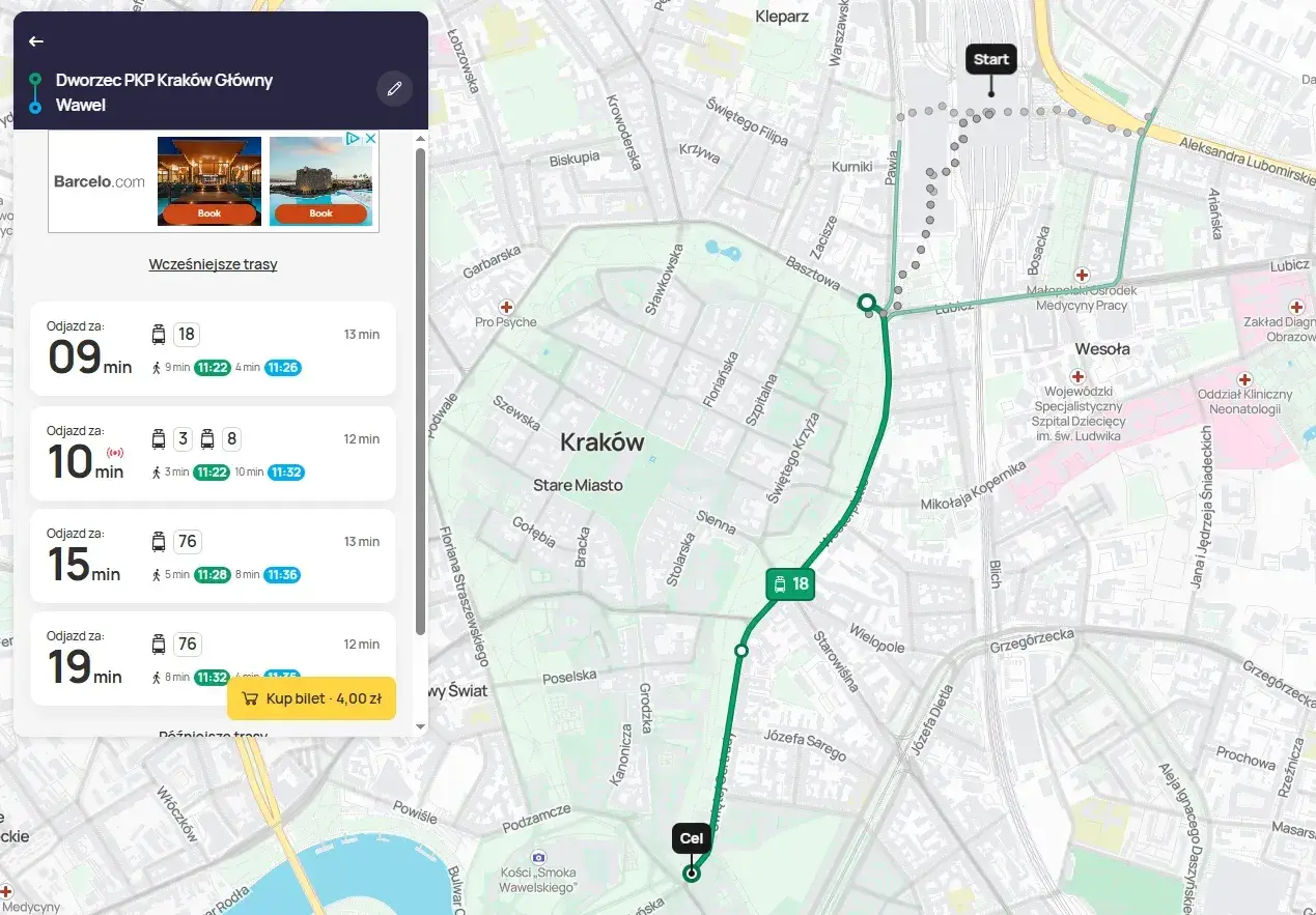 Jak dojechać z dworca w Krakowie do Prokocimia? Mapa pokazuje trasę tramwajem linii 18, czas przejazdu 13 minut.