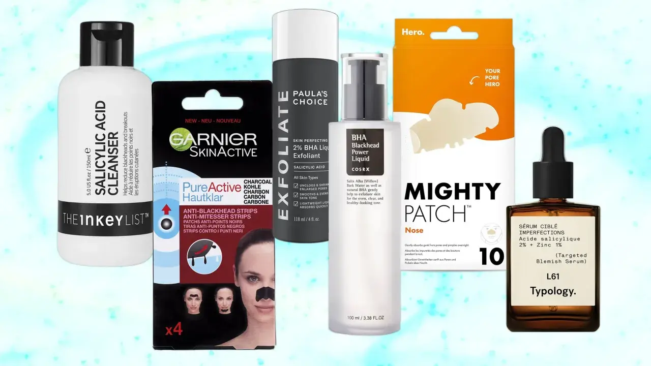 Collection de produits pour un remède point noir : nettoyant, exfoliant, patchs et sérum à l'acide salicylique.