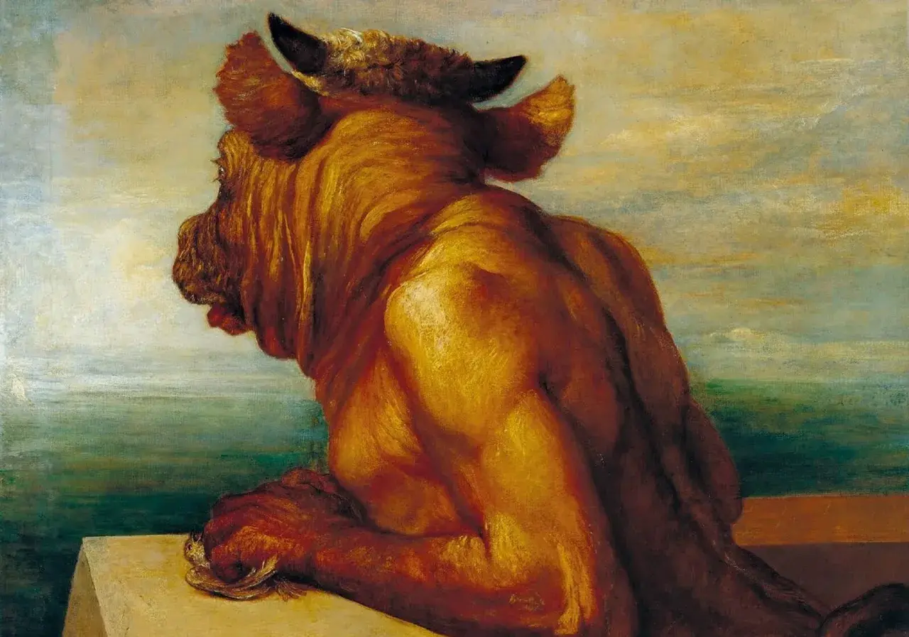 Le Minotaure, créature mythique de la Grèce antique, se repose au bord de la mer.