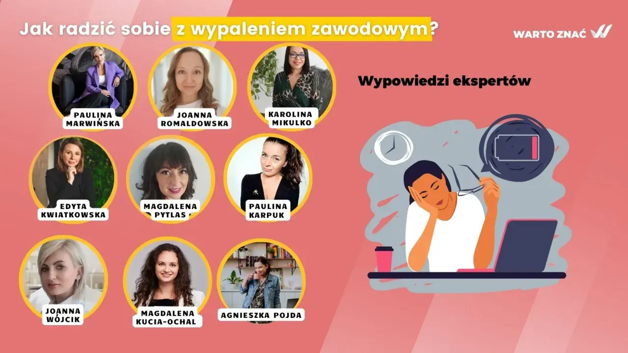 Ekspertki omawiają wypalenie zawodowe objawy. Grafika przedstawia wyczerpaną osobę przy laptopie i ikony z naładowaniem baterii.