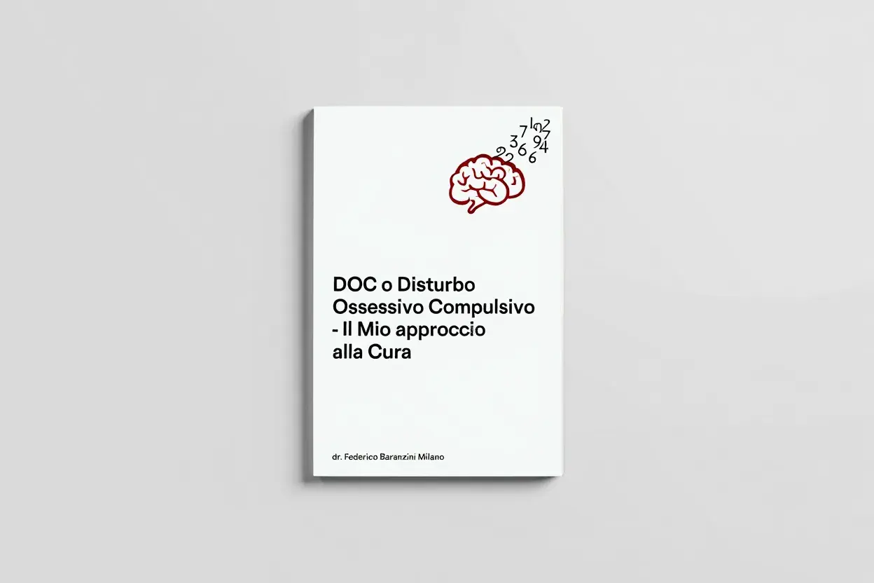 Copertina libro "DOC o Disturbo Ossessivo Compulsivo - Il Mio approccio alla Cura". Illustrazione cervello e numeri, con esempi di disturbi ossessivi compulsivi.
