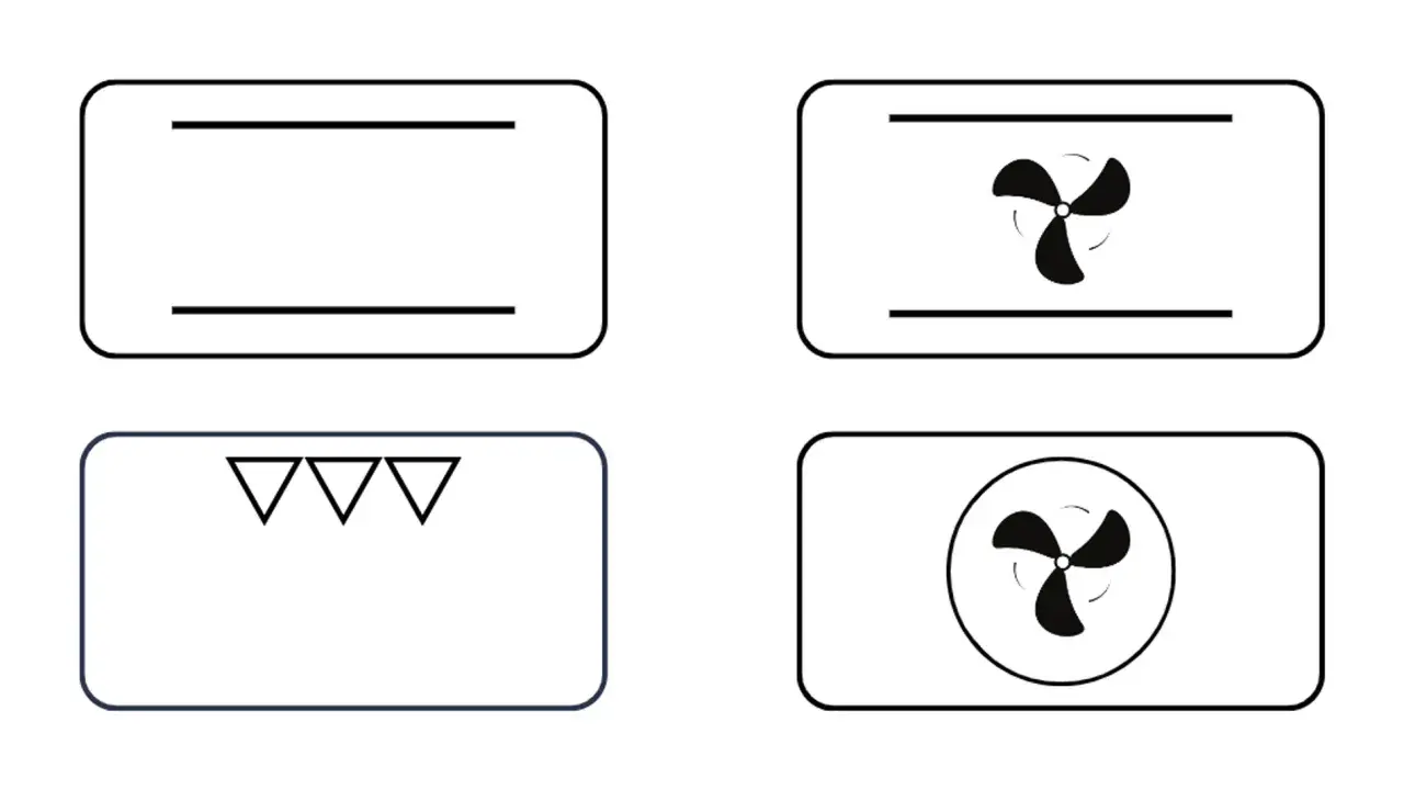 Symbole für Backofenfunktionen: Ober-/Unterhitze, Umluft mit Ventilator oben, nur Unterhitze, Umluft mit Ventilator unten.
