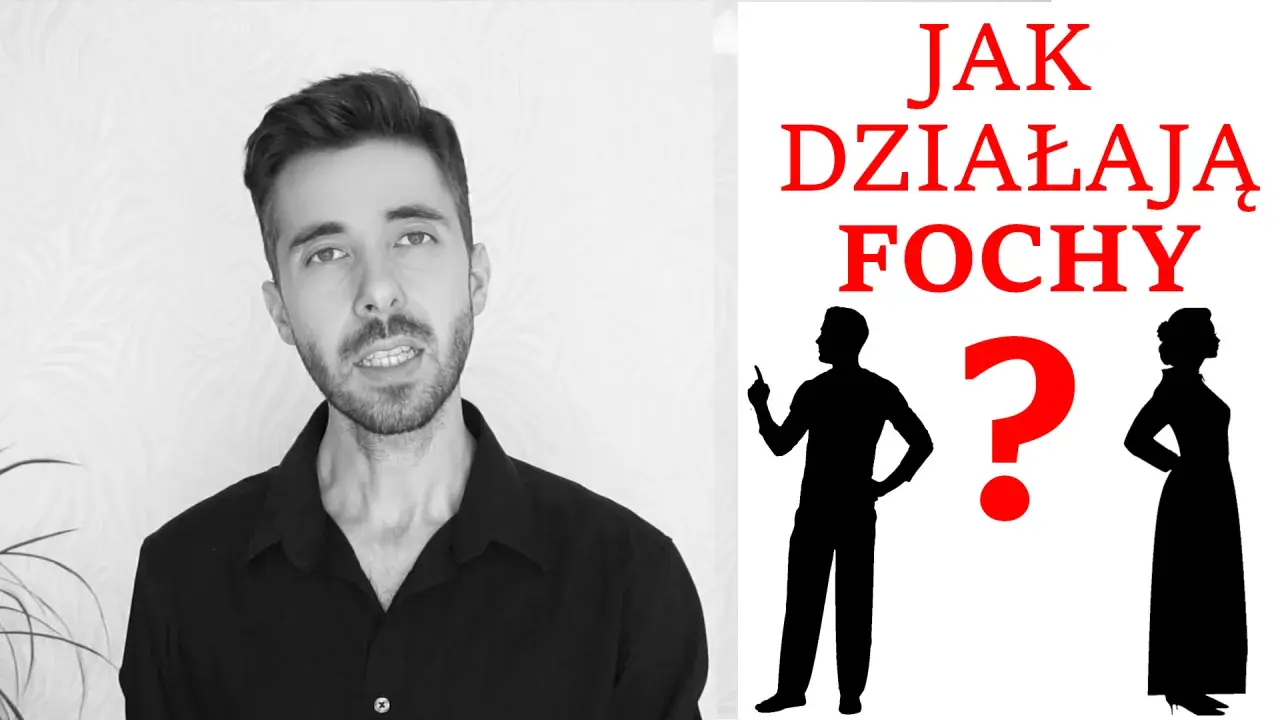 Mężczyzna z tekstem "Jak działają fochy" i sylwetkami pary. Zastanawiasz się, ile trwa foch faceta?