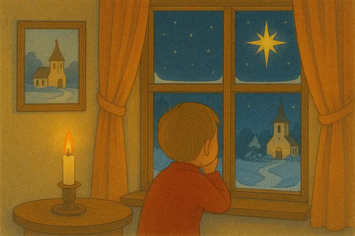 En pojke tittar ut genom fönstret på en stjärnklar natt med en kyrka i snölandskapet. En ensam ljuslåga lyser upp rummet, en mysig ledig trettondagsafton.