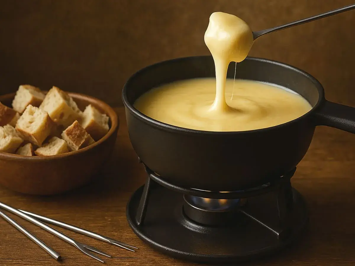 Une fondue savoyarde kirsch crémeuse, servie dans un caquelon sur un réchaud, avec des dés de pain croustillants à côté.